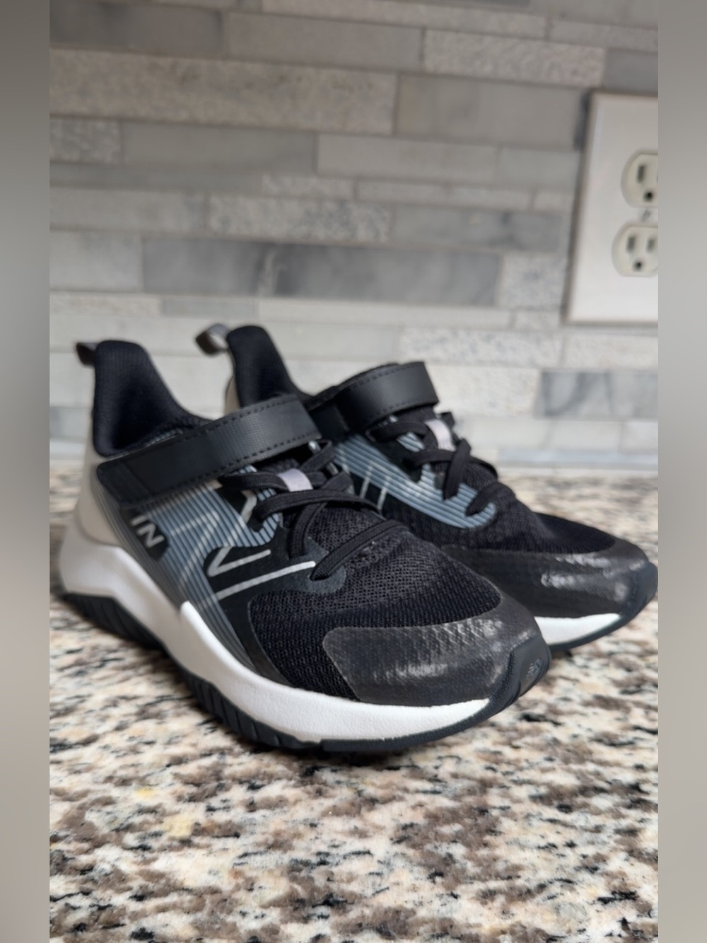 New Balance Black and Gray Kids Athletic Sneakers with Hook-and-Loop Strap